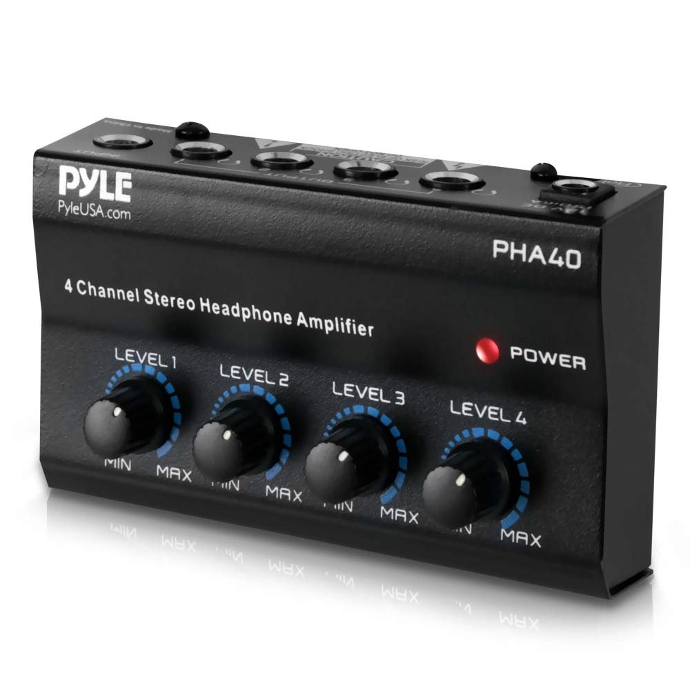 Pyle 4-Channel Portable Stereo Headphone Amplifier - Professional Multi Channel Mini Earphone Splitter Amp w/ 4 Balanced TRS Headphones Output Jack and 1/4" TRS Audio Input For Sound Mixer