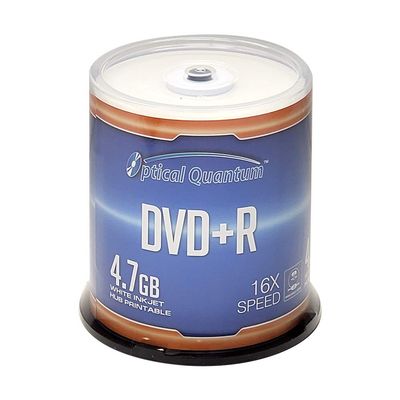 Optical Quantum DVD+R 4.7GB 16X White Inkjet Printable Blank DVDs - 100pk Cake Box (FFP), Writable DVD Discs, Recordable DVD+R Discs, 100 Discs