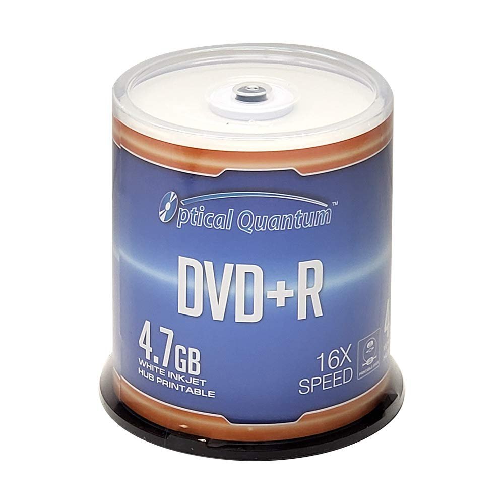 Optical Quantum DVD+R 4.7GB 16X White Inkjet Printable Blank DVDs - 100pk Cake Box (FFP), Writable DVD Discs, Recordable DVD+R Discs, 100 Discs