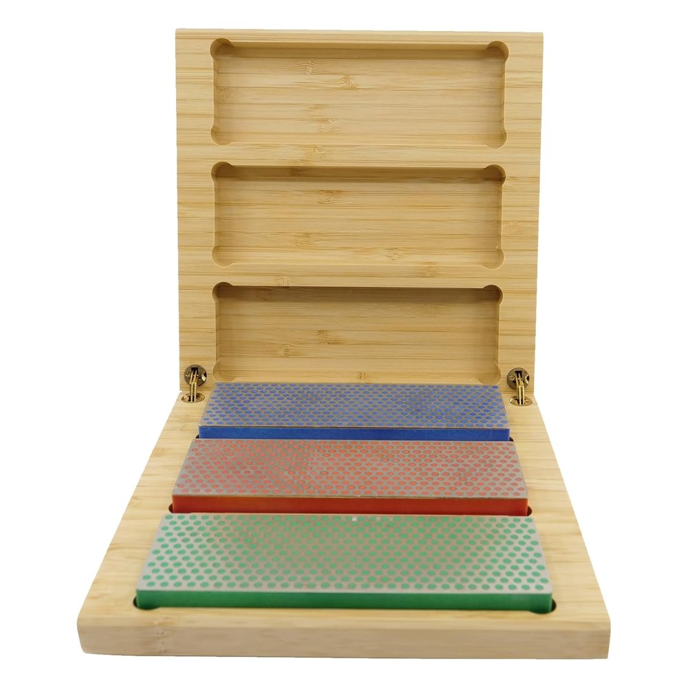 DMT W6EFC Deluxe Diamond Whetstone Knife Sharpening Kit with Wood Box, Set of 3 Sharpening Stones, 6" x 2"