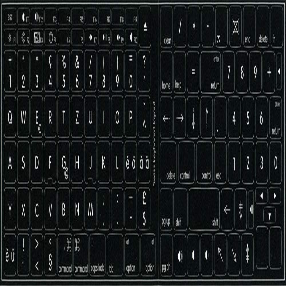 4Keyboard MAC Swiss MULTILINGUAL Keyboard Stickers ON Black Background for Desktop, Laptop and Notebook