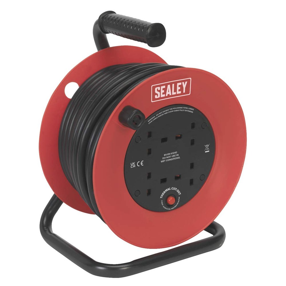 Sealey CR22525 Cable Reel 25m 4 x 230V 2.5mm Heavy-Duty Thermal Trip