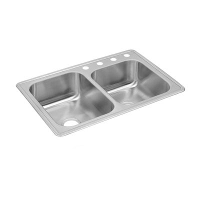 Elkay Dayton DXR250R4 18 Gauge Stainless Steel 33" x 22" x 8" Double Top Mount Kitchen Sink, Larger Left Bowl, 4 Faucet Holes, 33 x 22 x 8, Satin