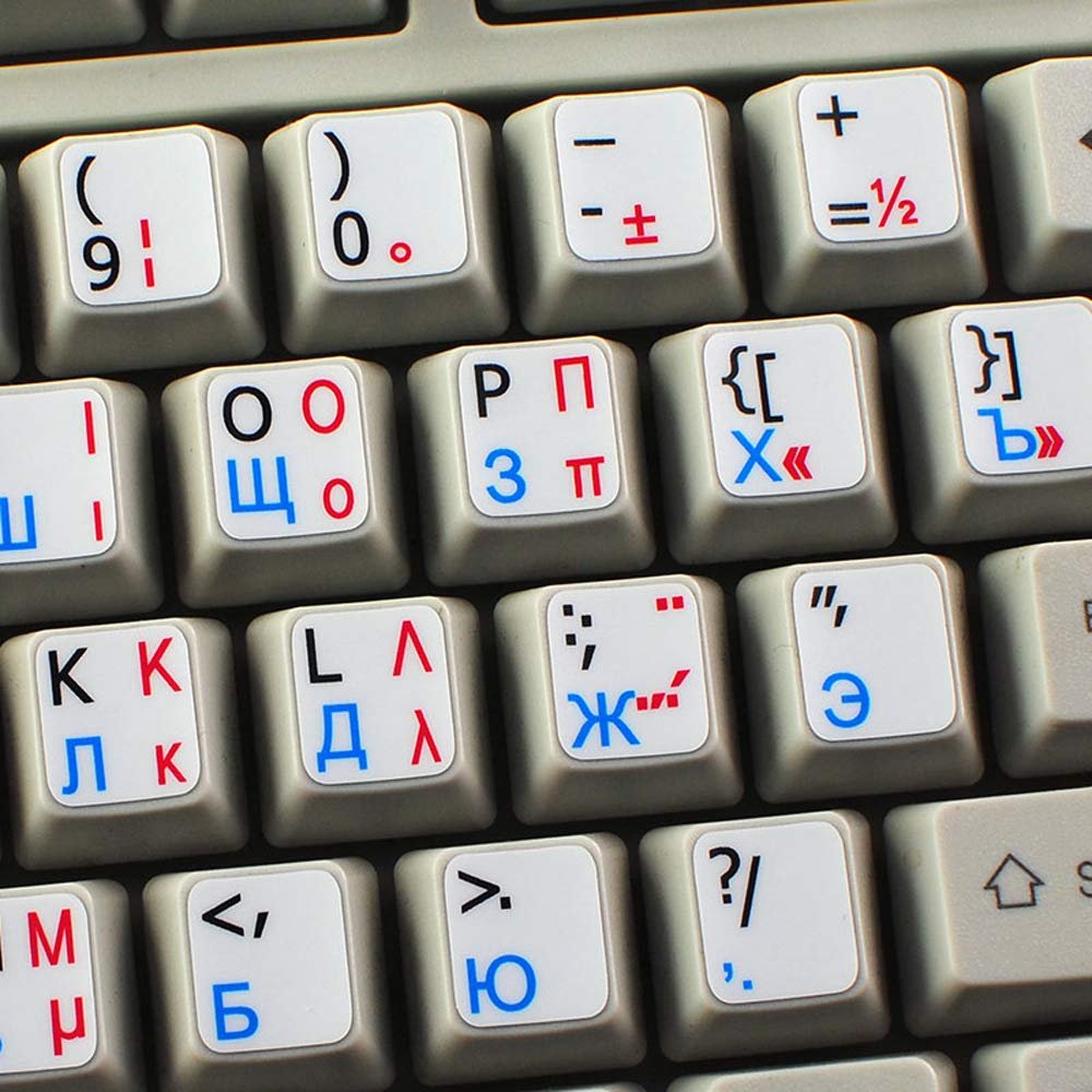 ENGLISH-RUSSIAN-GREEK NON-TRANSPARENT KEYBOARD LABELS ON WHITE BACKGROUND