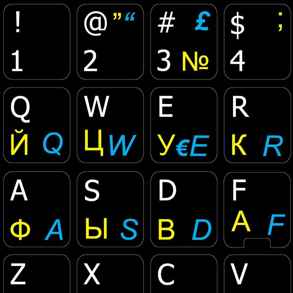 4Keyboard English-Italian-Russian Cyrillic Non-Transparent Keyboard Stickers Black Background for Desktop, Laptop and Notebook