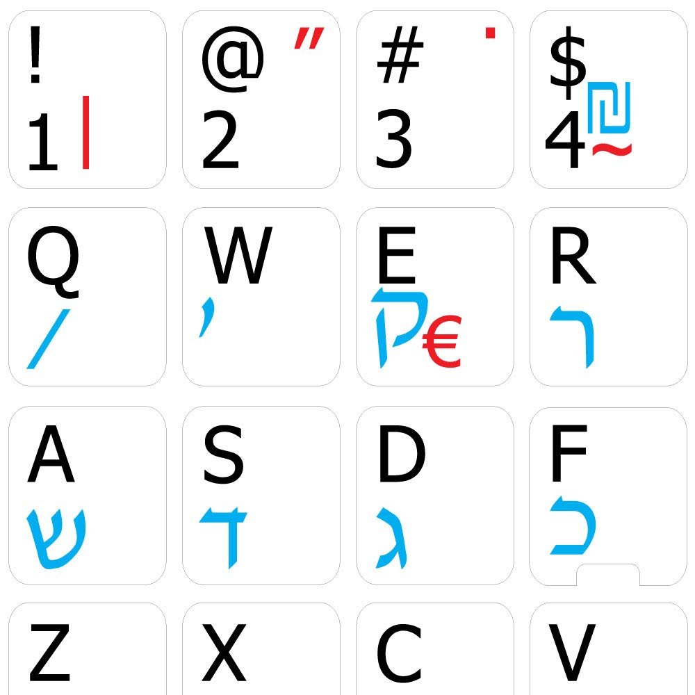 ENGLISH-HEBREW-SPANISH NON-TRANSPARENT KEYBOARD STICKERS WHITE BACKGROUND for DESKTOP, LAPTOP and NOTEBOOK