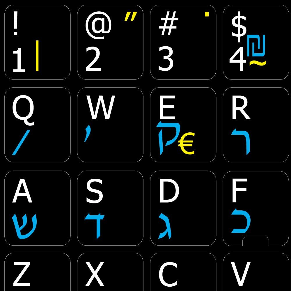 ENGLISH-HEBREW-SPANISH NON-TRANSPARENT KEYBOARD DECALS BLACK BACKGROUND for DESKTOP, LAPTOP and NOTEBOOK