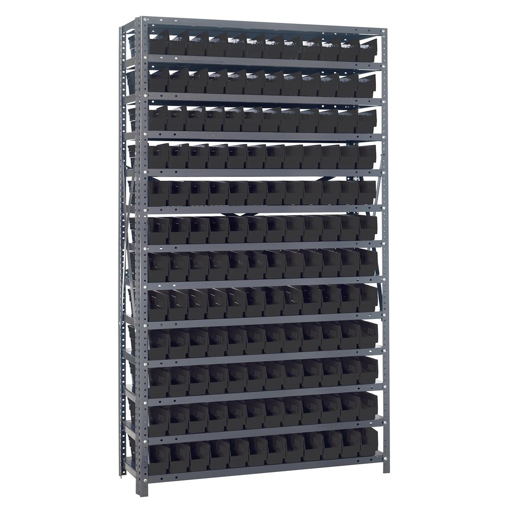 Quantum Storage Systems 1275-100BK Solid Heavy Duty 13 Shelves 144 Economy Black Bins 75" H x 36" W x 12" D