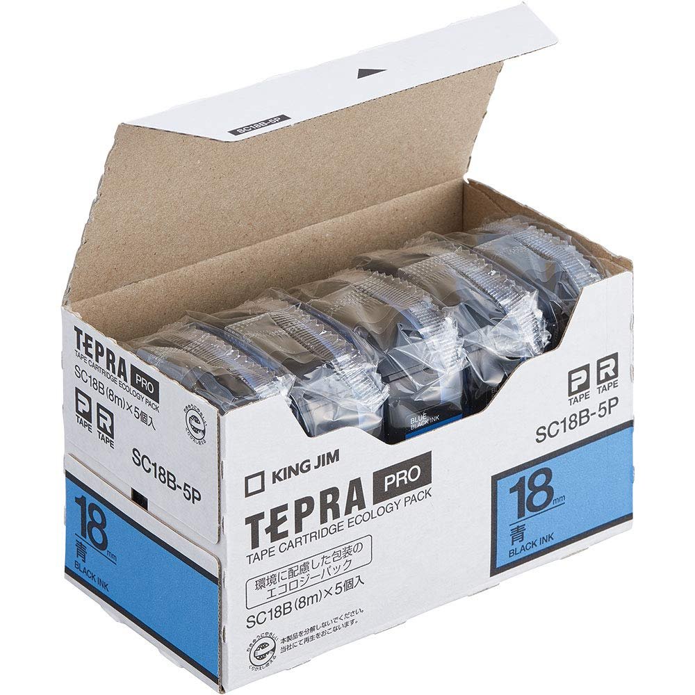 King Jim SC18B-5P Tepra PRO Tape Cartridge, Eco Pack, 5 Pieces, 0.7 inches (18 mm), Blue Label/Black Character, Length 22.8 ft (8 m)