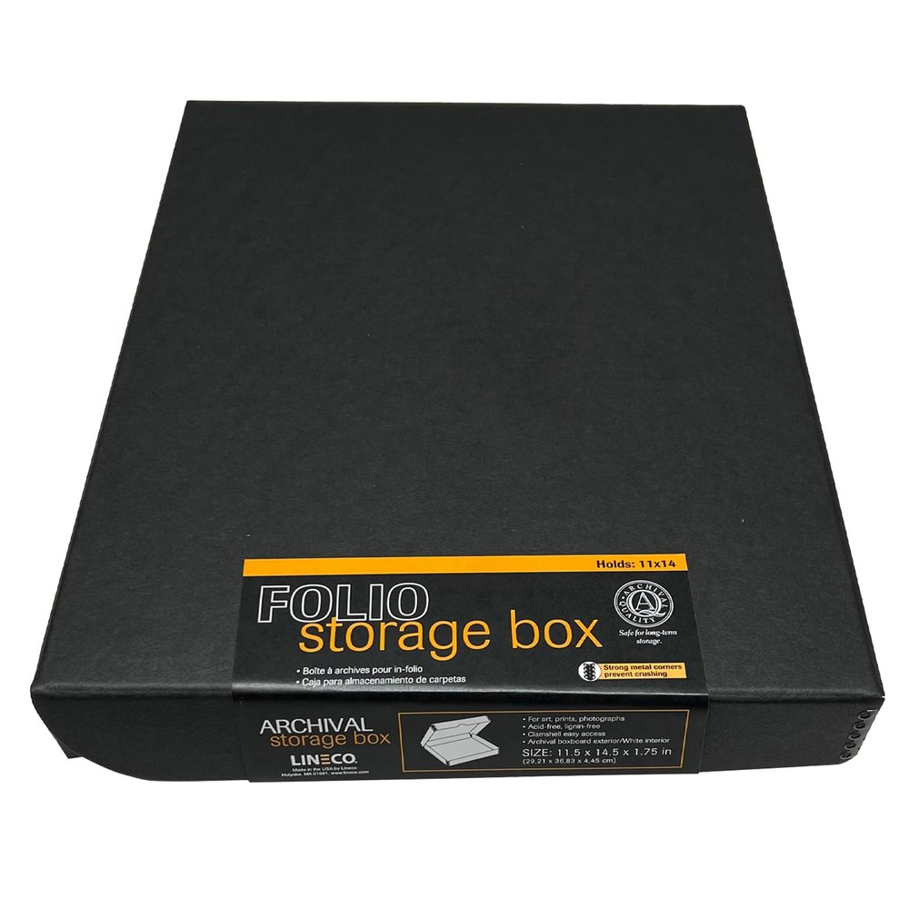 Lineco Folio Storage Box. Archival Clamshell with Metal Edge Boxboard, 11 x 14 x 1.75 Inches, Longevity Organize and Store Photos Documents Craft Cards Magazine Prints Wedding Dresses DIY, Black