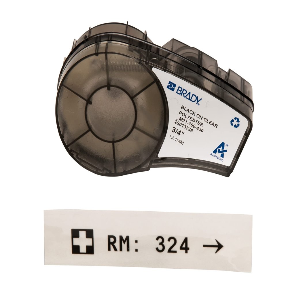 Brady Authentic (M21-750-430) Harsh Environment Polyester Label for Lab, Asset Tracking and Datacom Labeling, Black on Clear- For M210, M210-LAB, M211, BMP21-PLUS and BMP21-LAB Printers, .75" W 21' L