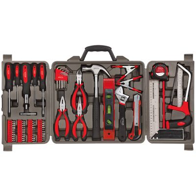 Apollo Tools 71 Piece Complete Household Tool Set with Clamp, Hacksaw, Carpenter Square, Screwdriver and Plier Sets for College, Home Repairs and DIY - Red - DT0204