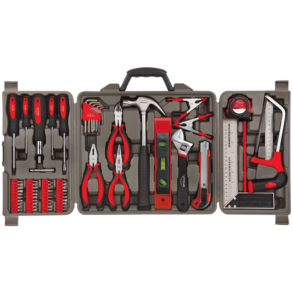 Apollo Tools 71 Piece Complete Household Tool Set with Clamp, Hacksaw, Carpenter Square, Screwdriver and Plier Sets for College, Home Repairs and DIY - Red - DT0204