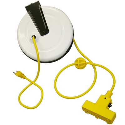 SafTLite 9" Steel Reel, Triple Outlet, Power Supply, Rated 10 Amps, 30Ft 16/3 Sjt Yellow Cord 2630-3000