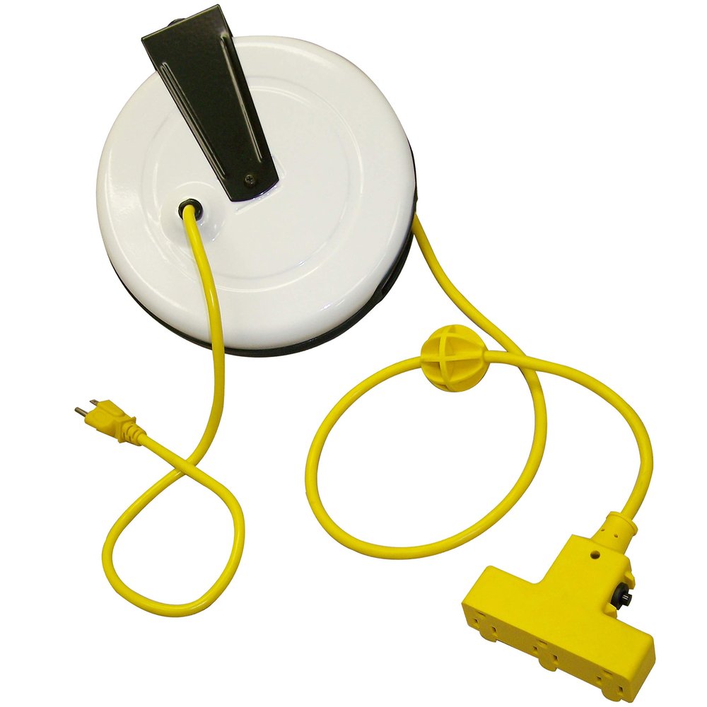 SafTLite 9" Steel Reel, Triple Outlet, Power Supply, Rated 10 Amps, 30Ft 16/3 Sjt Yellow Cord 2630-3000