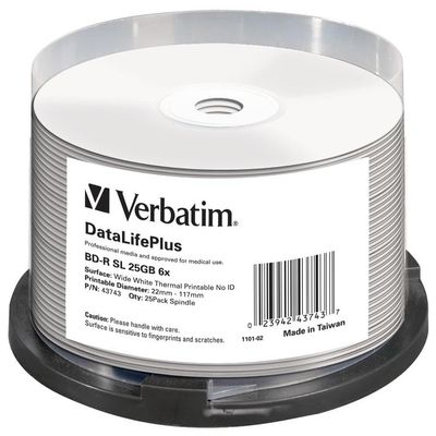 Verbatim BD-R Blank Blu-ray Discs 25 GB - 6X Burning Speed, Printable, 25-Pack Spindle 43743