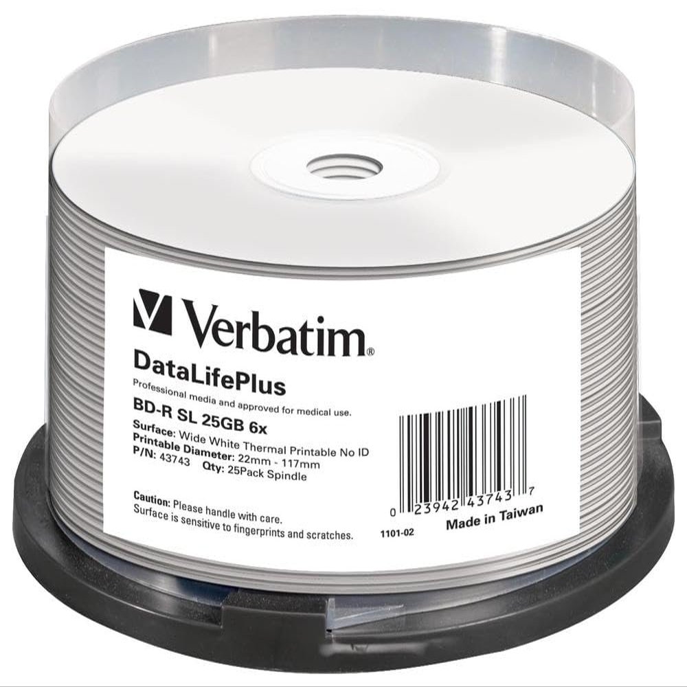 Verbatim BD-R Blank Blu-ray Discs 25 GB - 6X Burning Speed, Printable, 25-Pack Spindle 43743
