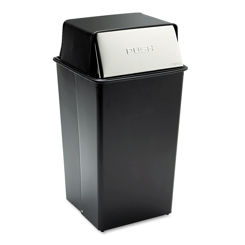 Safco 9895 Reflections Push Top Square Receptacle, Steel, 36gal, Black/Chrome