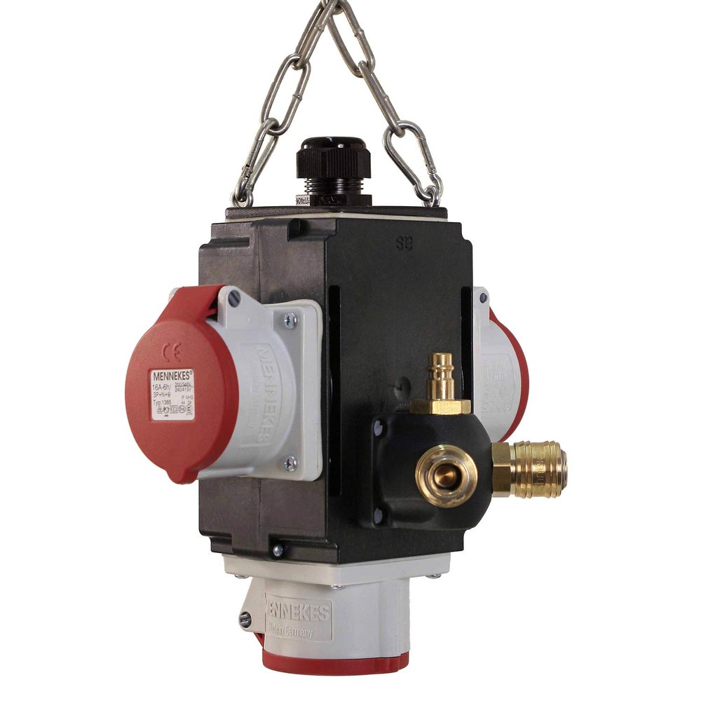 as - Schwabe Mixo Power Cube - Hanging Distributor - Power Distributor - 1 CEE Socket (400V/32A/5-pin), 2 CEE Sockets (400V/16A/5-pin) - with Compressed Air Connection - IP44 - Made in Germany, 60753