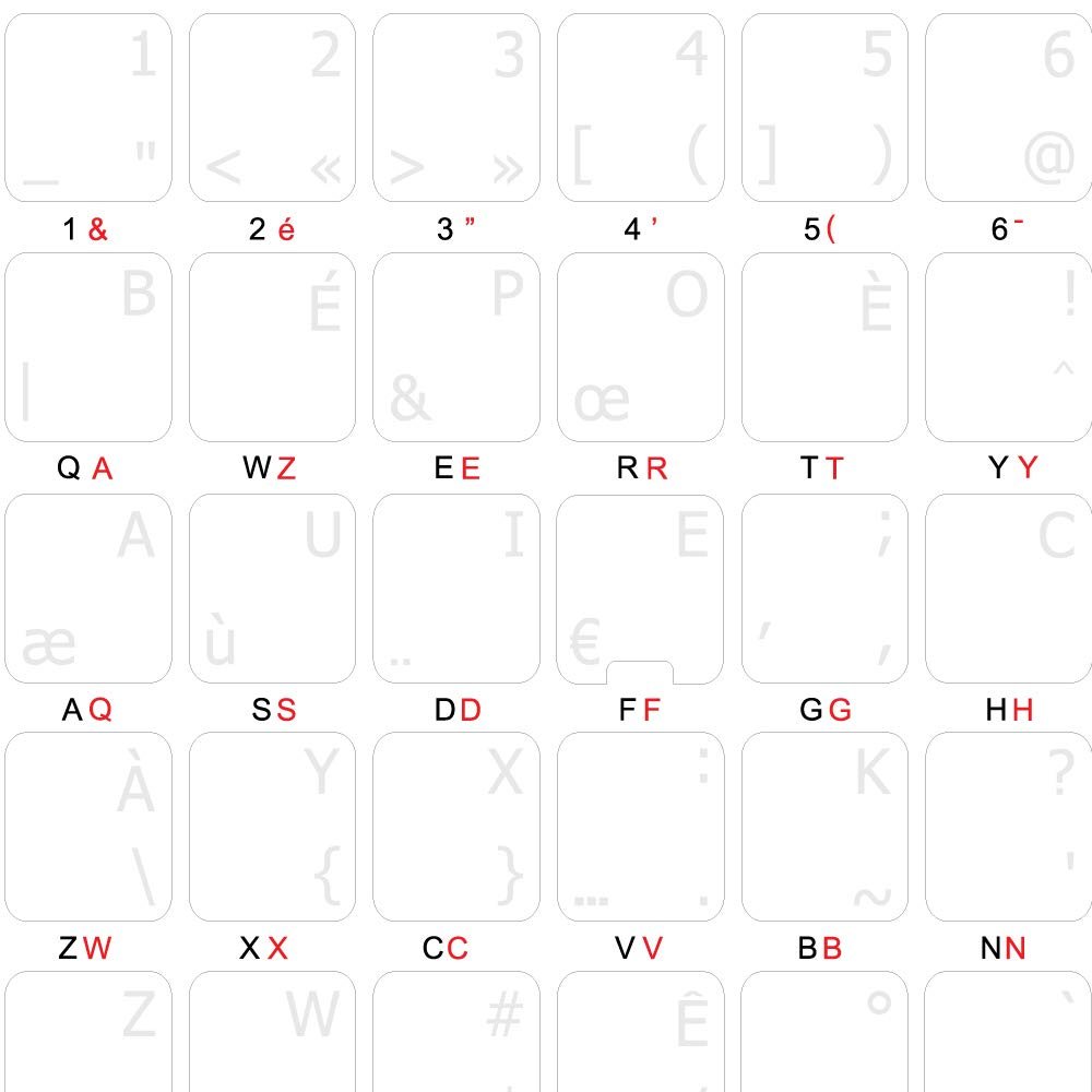 French BEPO Keyboard Stickers with White Lettering ON Clear Transparent Background for Desktop, Laptop and Notebook