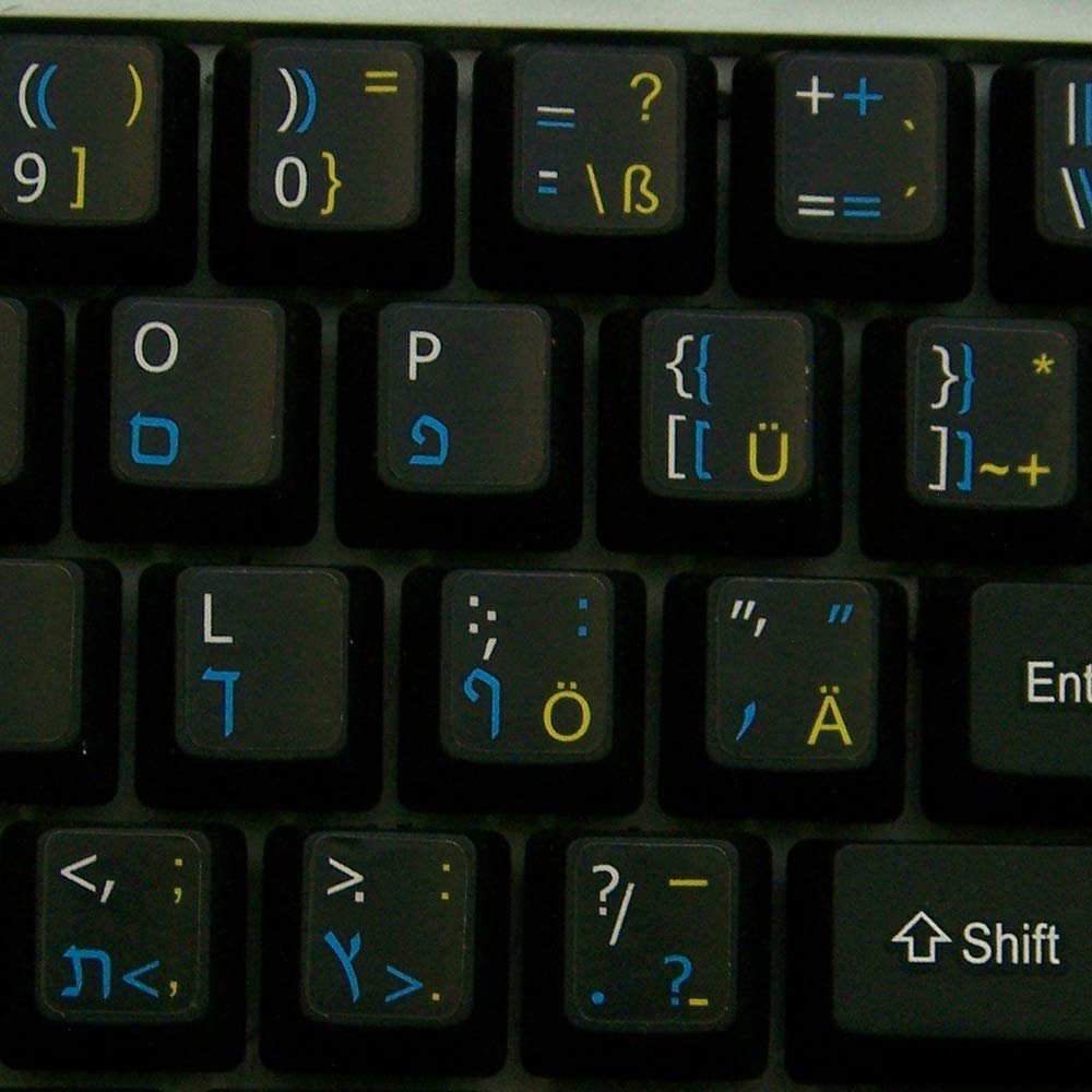 4Keyboard German - HEBERW - English Matte Non-Transparent Keyboard Stickers Black Background