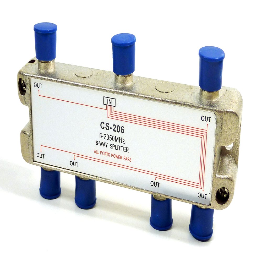 Philmore 2GHZ High "Q" 6-Way Low Loss Coaxial Satellite TV Signal Splitter With Weather Caps, Commercial Grade; CS208