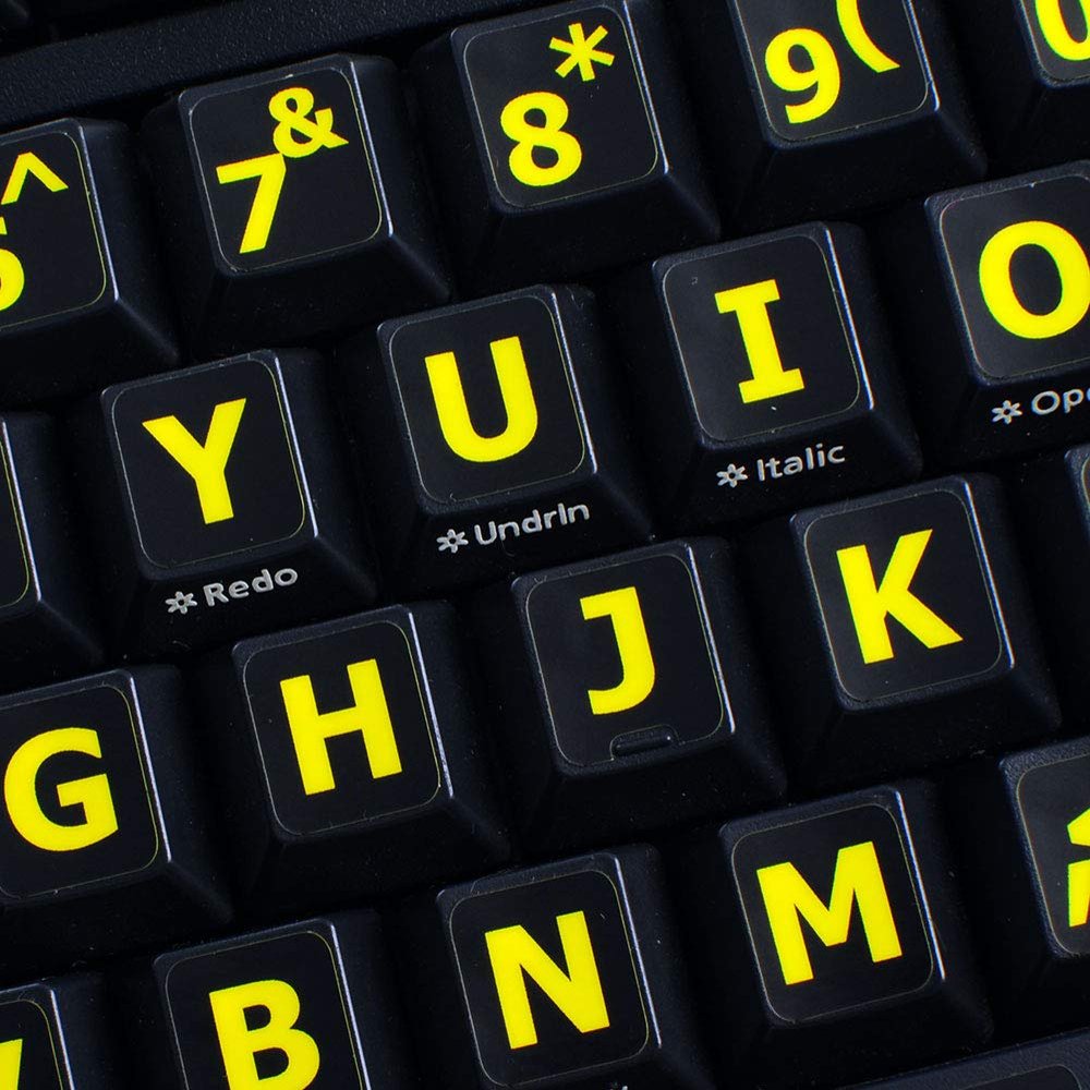 English US Yellow Large Lettering Keyboard Labels Layout (Upper CASE) Black Background for Desktop, Laptop and Notebook