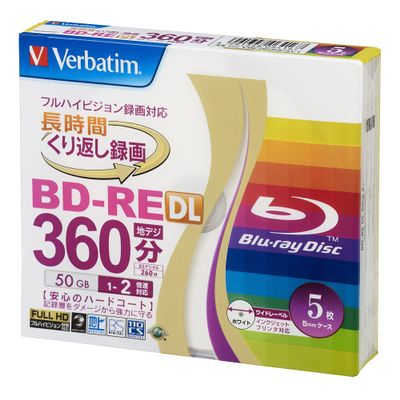 Verbatim Japan VBE260NP5V1 Blu-ray Disc for Repeated Recording, BD-RE DL, 50 GB, 5 Sheets, White Printerable, Single Side, 2 Layers, 1-2 Time,
