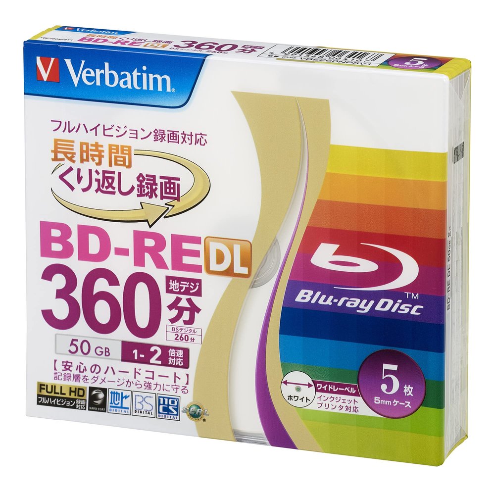 Verbatim Japan VBE260NP5V1 Blu-ray Disc for Repeated Recording, BD-RE DL, 50 GB, 5 Sheets, White Printerable, Single Side, 2 Layers, 1-2 Time,