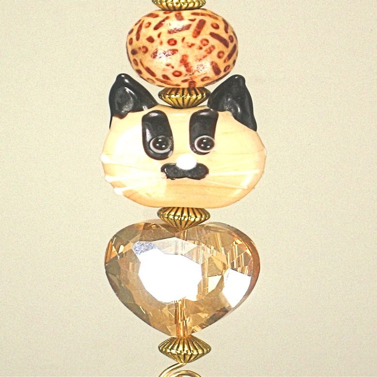 A Curious Cat and Heart Amber Lampwork Glass Light/Ceiling Fan Pull Chain