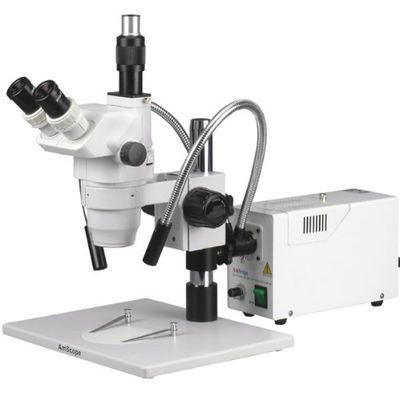 AmScope ZM-1TZ-FOD Professional Trinocular Stereo Zoom Microscope, EW10x Eyepieces, 3.35X-90X Magnification, 0.67X-4.5X Zoom Objective, Dual-Gooseneck Fiber-Optic Light, Large Pillar-Style Table Stand, Includes 0.5x and 2.0x Barlow Lenses