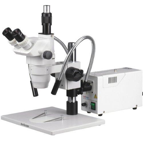 AmScope ZM-1TZ-FOD Professional Trinocular Stereo Zoom Microscope, EW10x Eyepieces, 3.35X-90X Magnification, 0.67X-4.5X Zoom Objective, Dual-Gooseneck Fiber-Optic Light, Large Pillar-Style Table Stand, Includes 0.5x and 2.0x Barlow Lenses