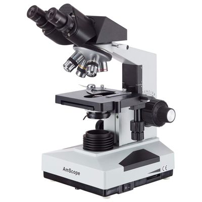 AmScope B490A Compound Binocular Microscope, WF10x and WF16x Eyepieces, 40X-1600X Magnification, Brightfield, Halogen Illumination, Abbe Condenser, Double-Layer Mechanical Stage, Sliding Head, High-Resolution Optics, Anti-Mold
