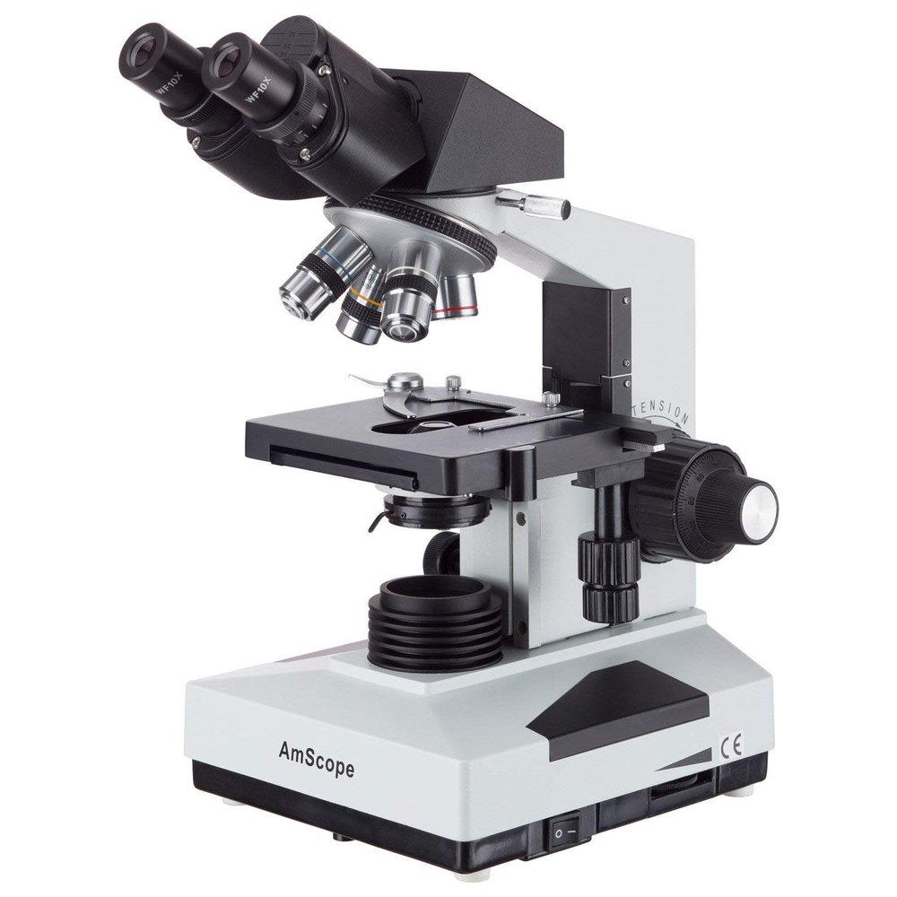AmScope B490A Compound Binocular Microscope, WF10x and WF16x Eyepieces, 40X-1600X Magnification, Brightfield, Halogen Illumination, Abbe Condenser, Double-Layer Mechanical Stage, Sliding Head, High-Resolution Optics, Anti-Mold