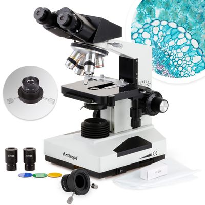 AmScope B490B-DK Compound Binocular Microscope, WF10x and WF20x Eyepieces, 40X-2000X Magnification, Brightfield/Darkfield (BF/DF), Halogen Illumination, Abbe Condenser, Double-Layer Mechanical Stage, Sliding Head, High-Resolution Optics, Anti-Mold