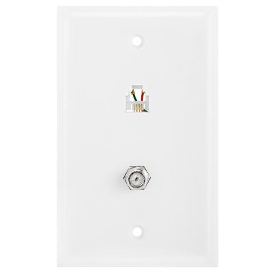 Cmple - Combo Phone/Video Jack Plate, Single Gang F-Type Coaxial TV Cable and 6P4C RJ11 Telephone Jack Wall Plate, White
