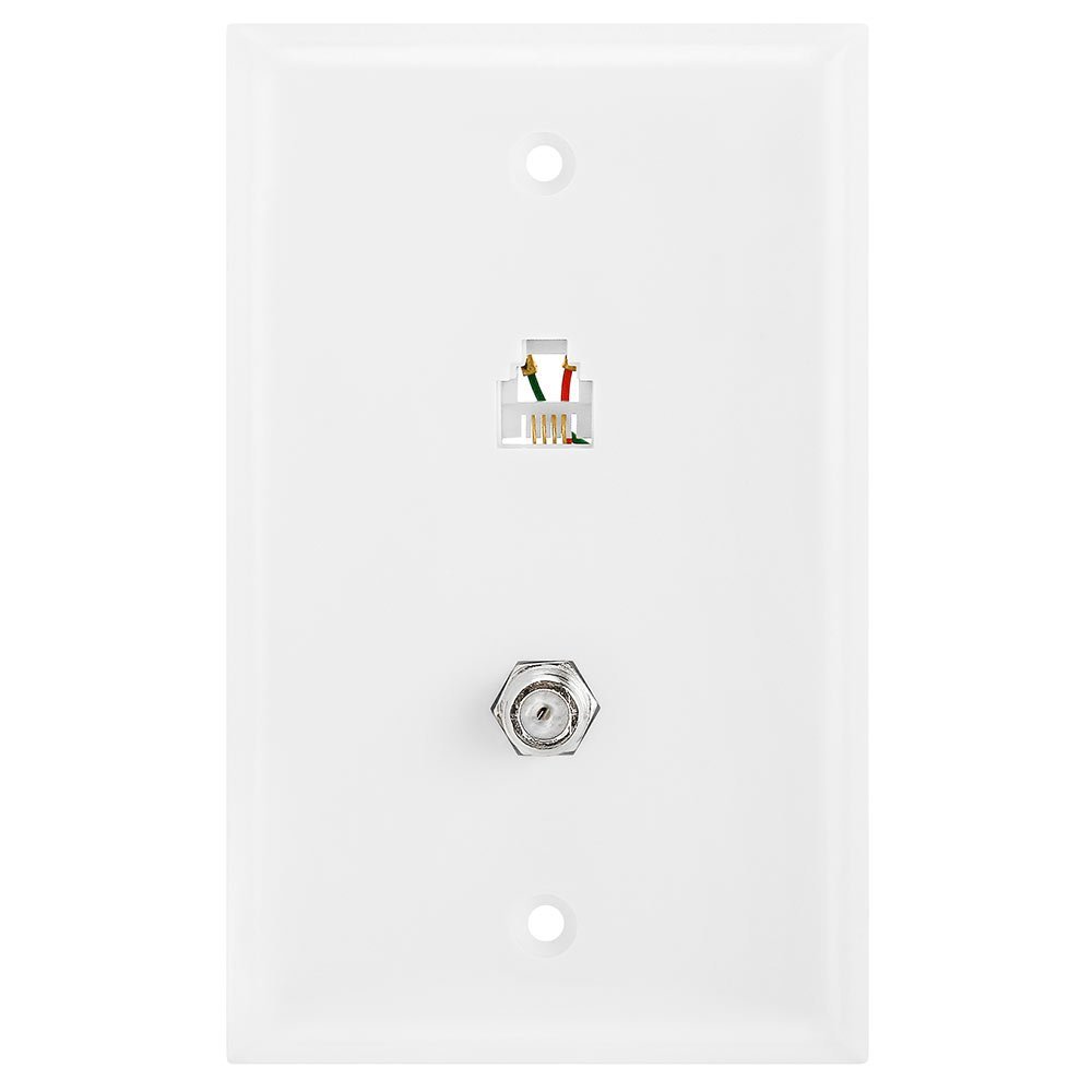 Cmple - Combo Phone/Video Jack Plate, Single Gang F-Type Coaxial TV Cable and 6P4C RJ11 Telephone Jack Wall Plate, White