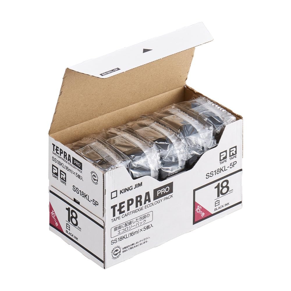 King Jim SS18KL-5P Tepra PRO Tape Cartridge, Eco Pack, 5 Pieces, 0.7 inches (18 mm), White Label/Black Character, Long, 56.3 ft (16 m)