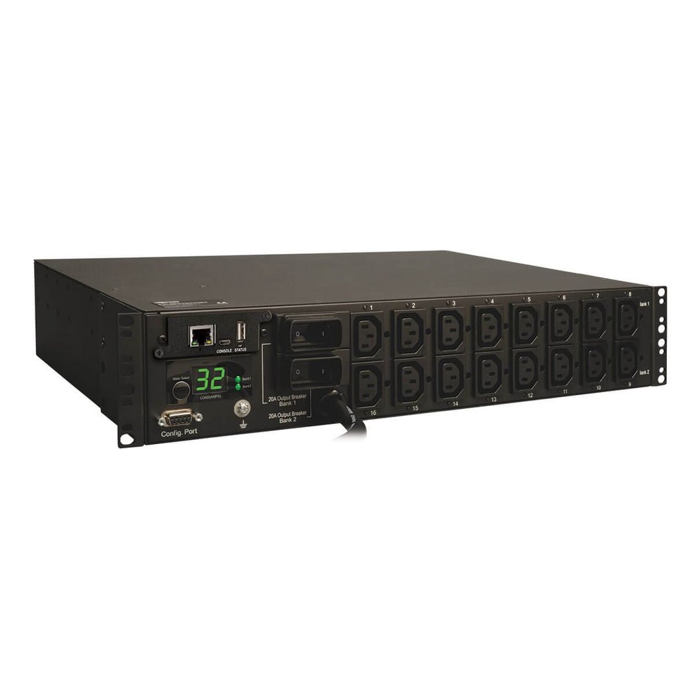 Tripp Lite Switched PDU, 7.4kW Single Phase, 230V, 16 Outlets (C13), IEC-309 32A Blue, 12ft. Cord, 2U Rack-Mount Power, TAA (PDUMH32HVNET) , Black