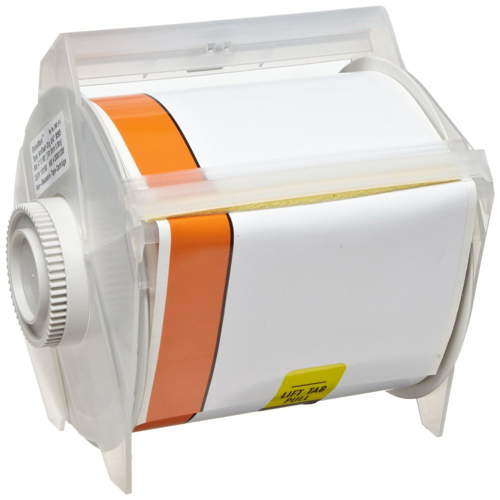 Brady 113160 GlobalMark 100' Length x 4" with 0.75" stripe, B-595 Vinyl, White and Orange Indoor/Outdoor Industrial Label Maker Tape