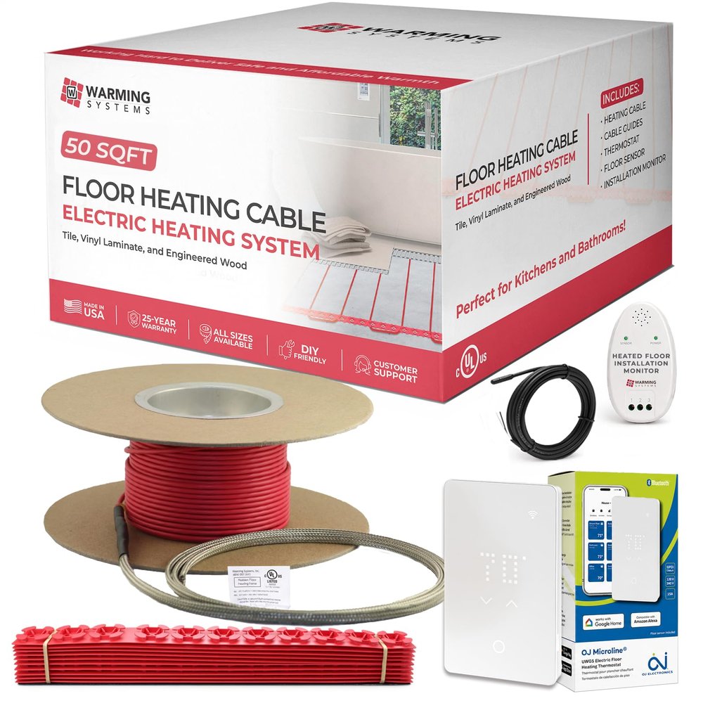 Warming Systems - 50 Sqft Electric Radiant Floor Heating Cable Kit 120V Heated Tile Floor System with UWG5 Programmable Thermostat, Sensor, Installation Monitor & 25 Year Warranty, Made in the USA