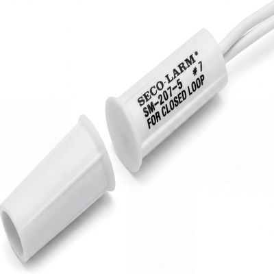 Seco-Larm SM-207-5Q/W Concealed-Mount Magnetic Contact, White, Stubby 3/4" Door & Window Alarm Sensor, Press-Fit Recessed Reed Switch, N/O Closed Loop, 3/8" Gap, Pre-Wired Leads