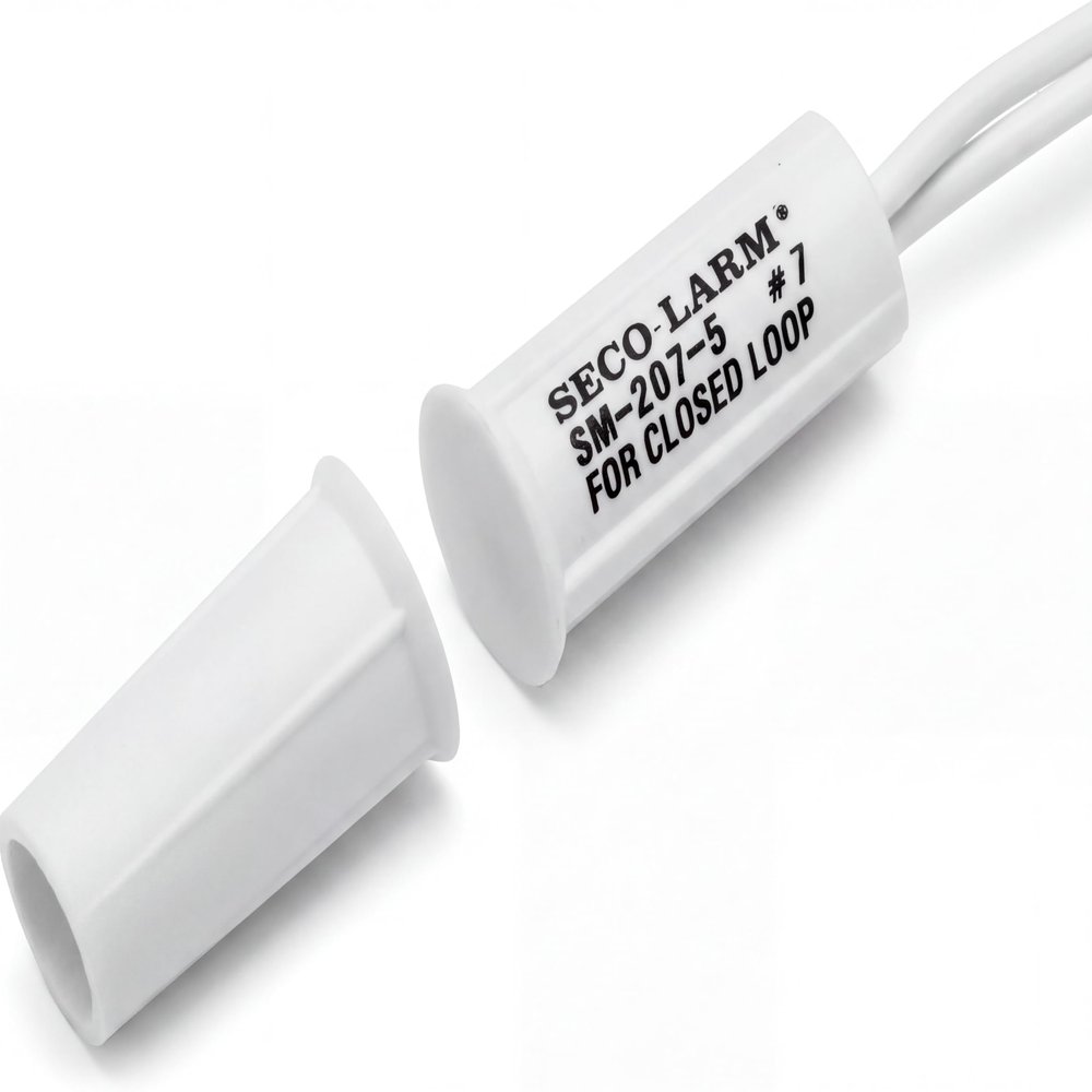 Seco-Larm SM-207-5Q/W Concealed-Mount Magnetic Contact, White, Stubby 3/4" Door & Window Alarm Sensor, Press-Fit Recessed Reed Switch, N/O Closed Loop, 3/8" Gap, Pre-Wired Leads