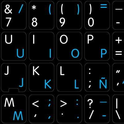 APPLE ENGLISH-SPANISH (LATIN AMERICAN) KEYBOARD DECALS ON BLACK BACKGROUND