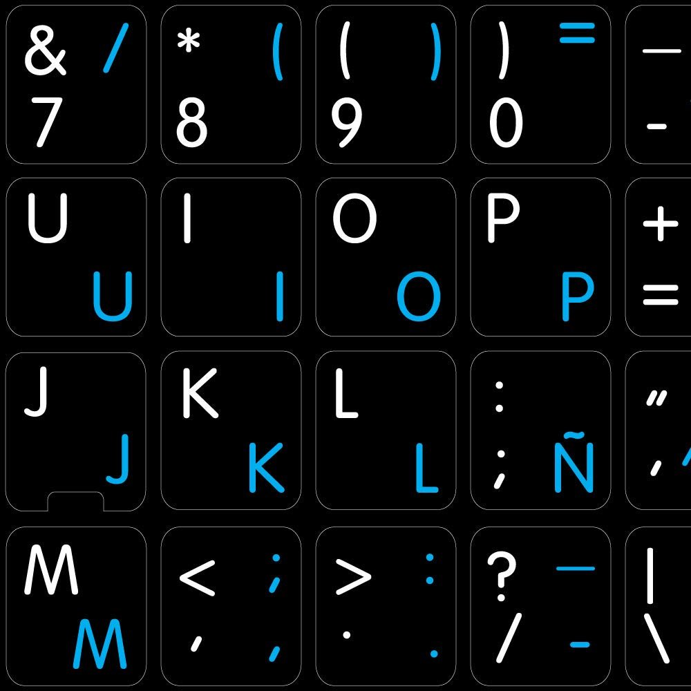 APPLE ENGLISH-SPANISH (LATIN AMERICAN) KEYBOARD DECALS ON BLACK BACKGROUND