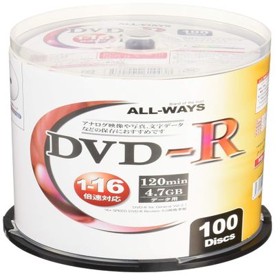 ALL-WAYS ALDR47-16X100PW DVD-R, 4.7 GB, 1-16x Speed, 100 Sheets, for Recording Data and Analog Video, Comes in a Spindle Case, Wide Printable with Inkjet Printers