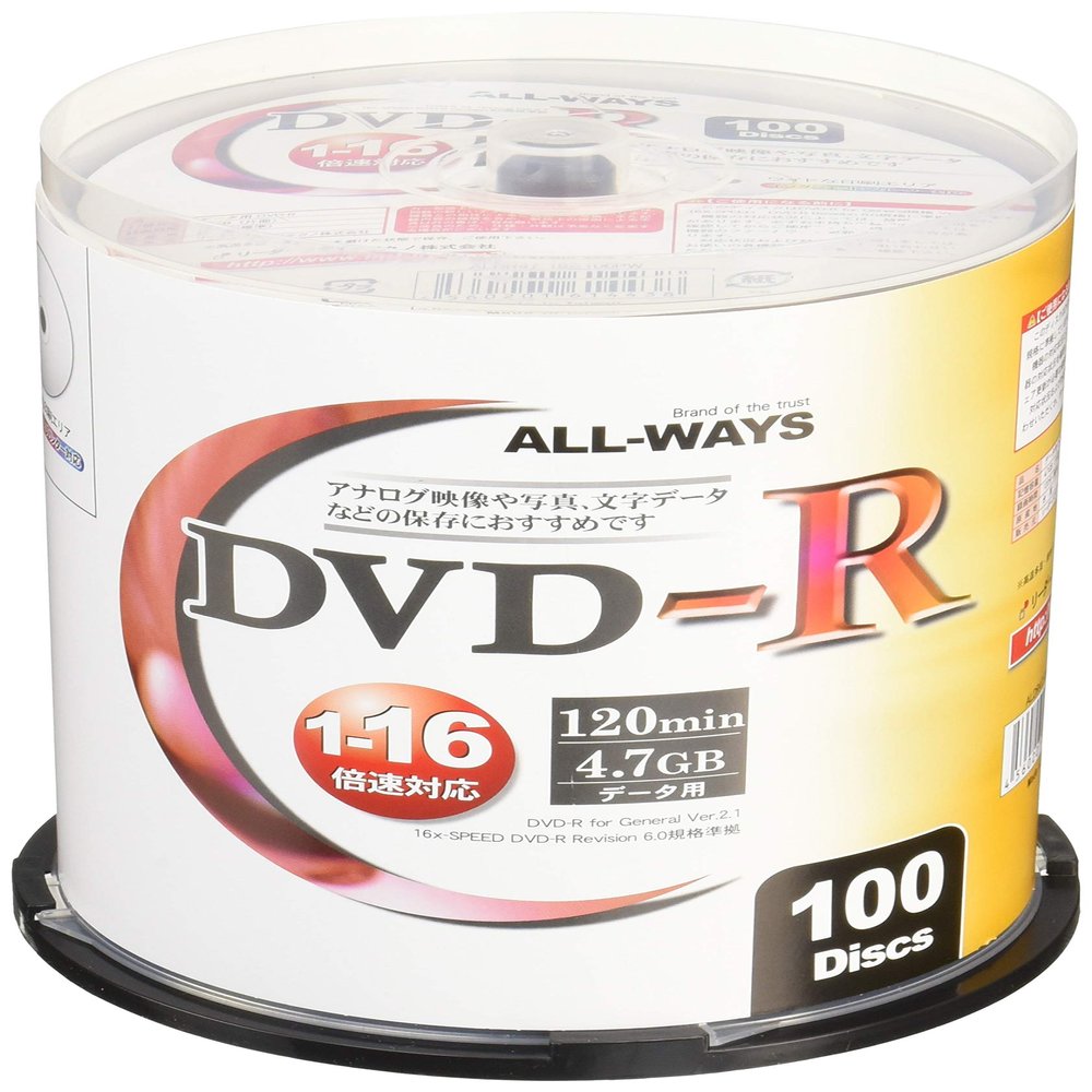 ALL-WAYS ALDR47-16X100PW DVD-R, 4.7 GB, 1-16x Speed, 100 Sheets, for Recording Data and Analog Video, Comes in a Spindle Case, Wide Printable with Inkjet Printers