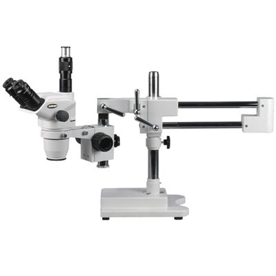 AmScope ZM-4TNY Professional Trinocular Stereo Zoom Microscope, EW10x Focusing Eyepieces, 6.7X-90X Magnification, 0.67X-4.5X Zoom Objective, Ambient Lighting, Double-Arm Boom Stand, Includes 2.0X Barlow Lens