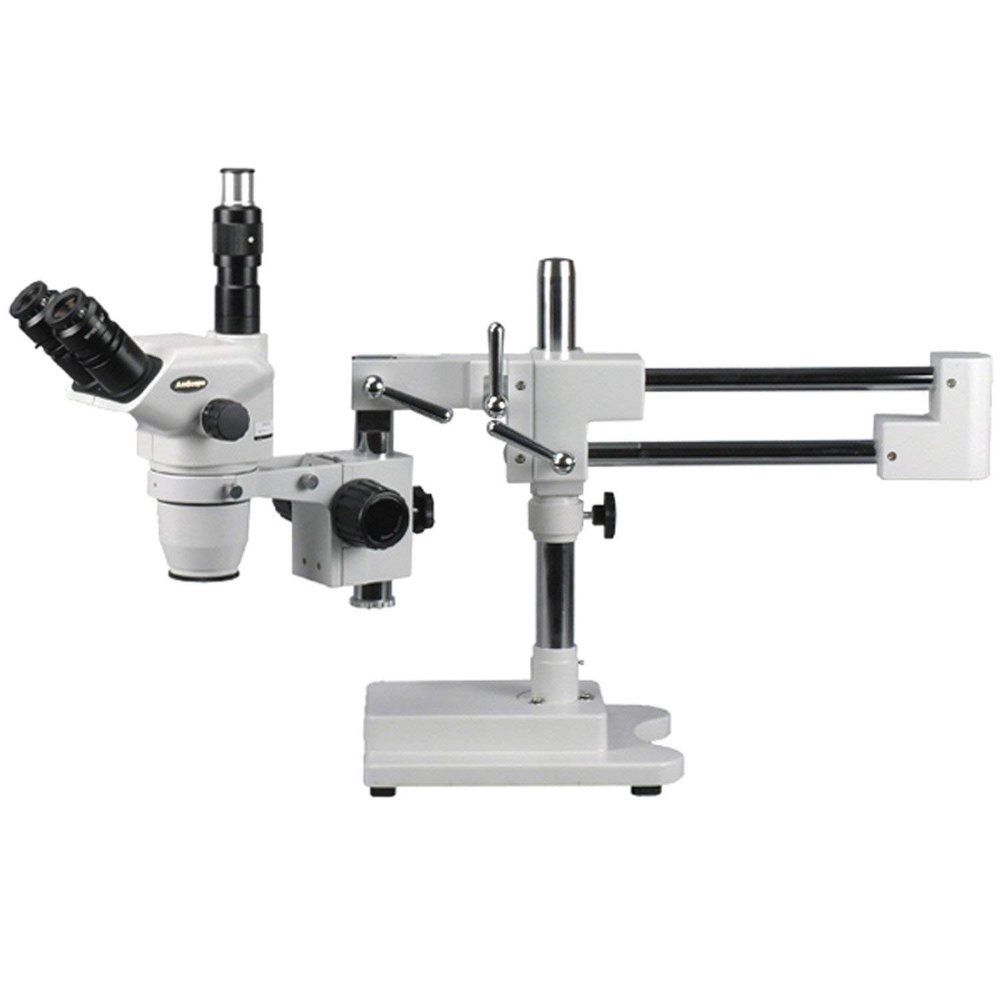AmScope ZM-4TNY Professional Trinocular Stereo Zoom Microscope, EW10x Focusing Eyepieces, 6.7X-90X Magnification, 0.67X-4.5X Zoom Objective, Ambient Lighting, Double-Arm Boom Stand, Includes 2.0X Barlow Lens