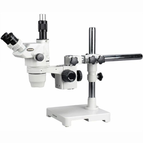 AmScope ZM-3TW3 Professional Trinocular Stereo Zoom Microscope, EW10x and EW25x Eyepieces, 2X-225X Magnification, 0.67X-4.5X Zoom Objective, Ambient Lighting, Single-Arm Boom Stand, Includes 0.3x and 2.0x Barlow Lenses